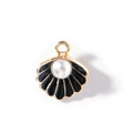 Golden shell pendant charm with black enamel inlay and white pearl accent for jewelry - Black Gold Plated