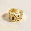 Vintage 14K gold plated wide ring with blue stone and colorful zircons in a sunburst design - Hexagram Sun Pattern Blue Zirconia / Gold with Blue Main Stone