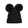 Détail d'un bonnet en maille torsadée noire avec deux pompons en fausse fourrure - Noir - Style Enfant À Double Pompon