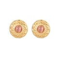 Boucles d'oreilles rondes dorées avec pierre rose et motif soleil de style vintage - E1483 Clous Oeil de Chat Rose-Orange