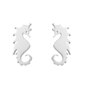 Macro shot of silver seahorse stud earrings in polished stainless steel for women - Steel