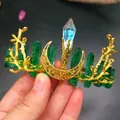 Macro detail of handmade crown with green crystals, golden moon and branch wire wrapping - Dark Green Crystal + Gold Wings Moon Flat Style