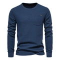 Detalle del tejido de nido de abeja azul oscuro y bolsillo en el pecho de la camiseta de manga larga - S / Tops / Azul Marino