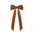 Caramel brown velvet double bow hair clip with long ribbons for elegant styling - Khaki