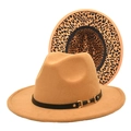 Detail of camel wool fedora hat with leopard print lining and black belt with gold buckle - M (56-58cm) / Camel