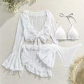 White 4-piece lace bikini set with long sleeve cover-up and ruffle mini skirt - All White