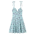 Light blue floral poplin slip dress with purple flower prints and a V-neckline - Cyan Floral