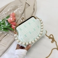 Dettaglio della borsa intrecciata con grande manico di perle e catena d'oro verde - Stile orizzontale / Verde