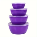 Stackable set of 4 purple round plastic food storage bowls with lids for kitchen use - Four-Piece Set / Purple