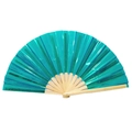 Éventail de kung-fu en PVC laser sarcelle avec baleines en bambou naturel - 33cm / Sarcelle métallique (Os naturel)