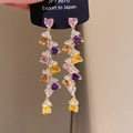 Detail of long tassel earrings with heart-shaped colorful zircons in gold-tone setting - 9# Silver Earring Post - Gold Colorful Heart Zircon Tassel Earrings