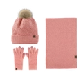 Pink winter knit set featuring pom-pom beanie, scarf, and touch-screen gloves with snowflake tag - Pink 3-Piece Set