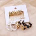 5-piece gold earring set with pearls and leopard resin charms on champagne satin - Light Luxury Mixed Style Set (27)