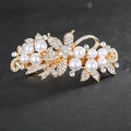 Elegant gold flower hair clip with white pearls and sparkling rhinestones for women - White
