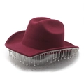 Cappello da cowboy bordeaux in feltro con frange di strass scintillanti sulla tesa - M (56-59cm) / Borgogna