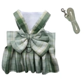 Green plaid dog harness dress with matching leash featuring a large bow and pleated skirt - Green Dress Set