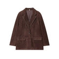 Vintage damesblazer van donkerbruin suède met witte contraststiksels en reverskraag - XS / koffiekleur