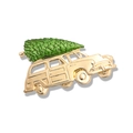 Broche voiture vintage dorée avec sapin de Noël vert et détails en émail - Voiture Vintage Dorée avec Arbre-YNCP7445
