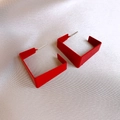 Detail view of red geometric C-shape matte earrings on smooth champagne satin fabric - Geometric Rectangle Matte Lacquer Earrings (71#) / Red