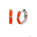 Close-up of silver hoop earrings with bright orange enamel and clear zircon stones - Copper / Platinum-Orange