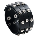 Punk style black leather wristband with three rows of silver metal rivets for men - Black