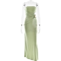 Detail of sage green strapless dress featuring side waist cutout and golden floral buckle - M / Green