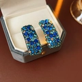 Detail of bohemian rectangle earrings with blue gemstones and small diamonds - Silver Earring Post Style / Blue