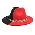 Top view of two-tone red and black fedora hat with gold metal chain detail and wool texture - Black + Red