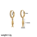 Detail view of gold stainless steel hoop earrings with crystal inlay and fish pendant - Fish Pendant Style (TE60368)