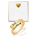 Detailed view of gold plated adjustable bracelet with 'Just breathe' engraving and card - Just Breathe Ring Gold