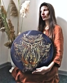 Bohemian shaman drum with golden owl design on navy blue surface held by person - Owl Totem Drum / 25cm