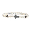 Bracelet élastique avec perles d'opale 8mm, perles noires et un pendentif croix centrale - 6MM Opale