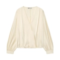 Elegante blusa de satén champán de manga larga con cuello en V cruzado y textura de seda - XS / Albaricoque