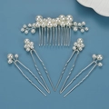 5-piece bridal hair accessory set featuring white pearls and silver metal hairpins - Set 1 (1 Comb + 4 Pins) / Silver