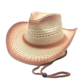 Gradient brown western straw cowboy hat with a braided chin strap and wooden bead - M (56-58cm) / Beige