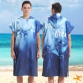 Blue microfiber hooded beach poncho with manta ray print and let the sea quote - Pull-over Style - Stingray