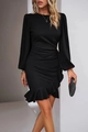 Close-up detail of the elegant black fitted dress with ruched waist and ruffled hemline - S / Black