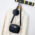 Black quilted crossbody camera bag set with a small round pouch on a gold chain - Black