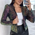 Women's colorful sequin long sleeve cropped blazer jacket with leopard pattern flair - S / AB Color
