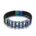 Bracelet pour homme en cuir tressé noir avec chaîne en acier inoxydable aux reflets arc-en-ciel - Coloré