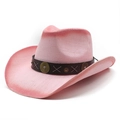 Cappello da cowboy in paglia rosa con fascia in pelle e tesa larga per protezione solare - M (56-58cm) / Sfumatura Rosa Rosa