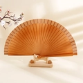 Classic minimalist brown wooden folding fan with matching display stand for decoration - Brown