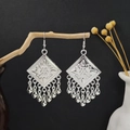 Vintage silver Bohemian flower drop earrings with geometric panels and tassel charms - Geometric Rhombus Waterdrop Tassel Style (E6073-23)