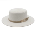 Detail of cream flat top straw hat featuring a slim leather band and gold buckle - M (56-58cm) / White