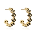 Detail of C-shaped earrings with gold finish and black four-leaf clover motifs - Gold Black Zirconia