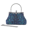 Detail of vintage beaded evening bag with intricate blue embroidery and silver clasp - Iridescent Green