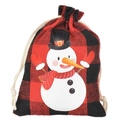 Christmas red and black plaid drawstring bag with a cute snowman print and cotton rope - Red & Black Plaid - Black Hat Snowman
