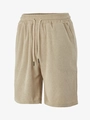 Detail of waffle textured fabric and drawstring waistband on beige men's casual shorts - S / Khaki