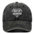 Distressed washed black baseball cap featuring an embroidered 'SUPER GRANDPA' shield design - Adjustable / Black