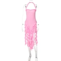 Detail of pink halter neck dress featuring ruffled layers and an asymmetrical hemline - S / Pink